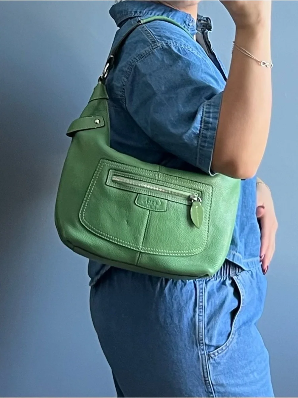 Coach Green Pebbled Leather Shoulder Bag with Silver Hardware - Picture 5 of 5